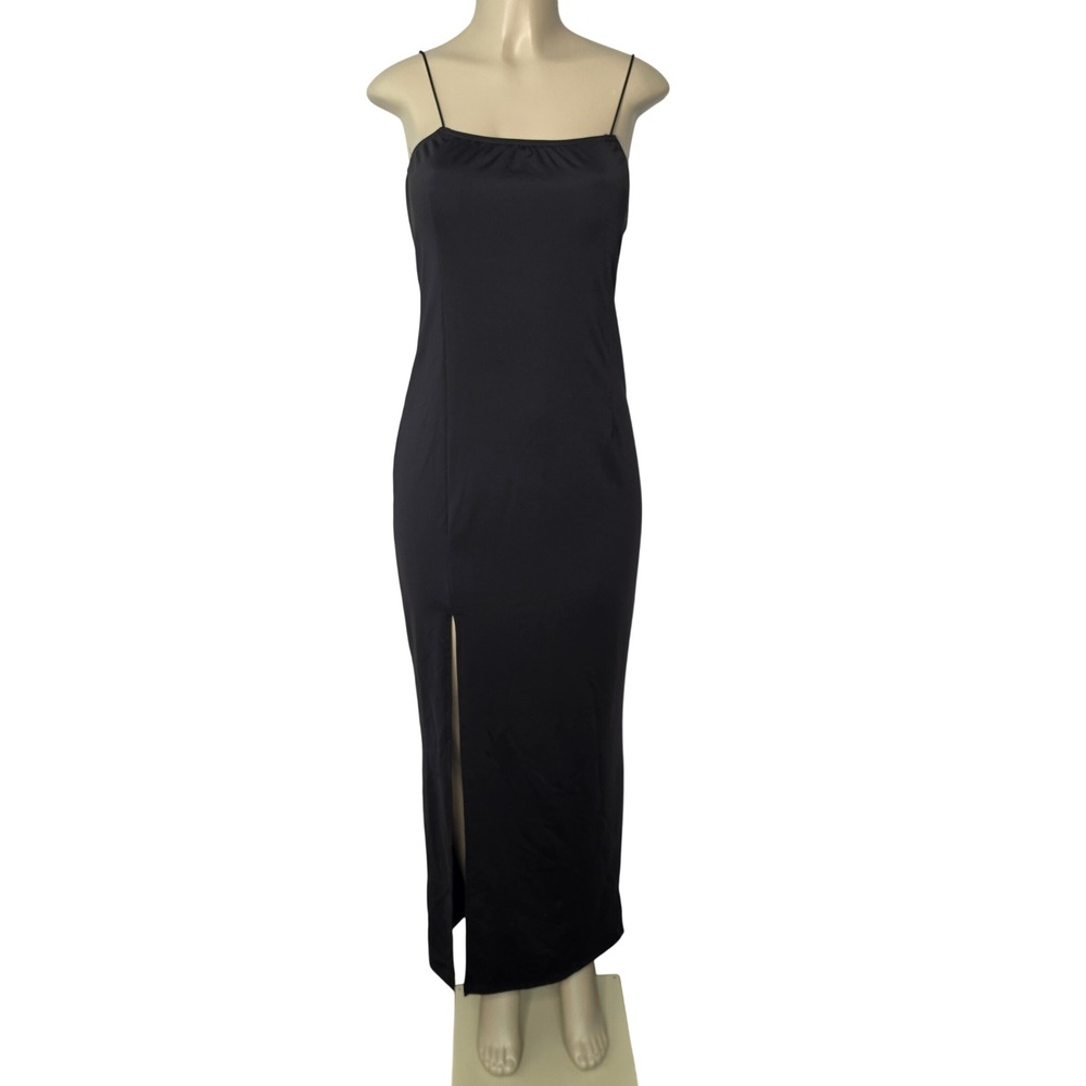 Unbranded Maxi Dress Women XL Black Fleece Lined Spaghetti Strap Side Slit